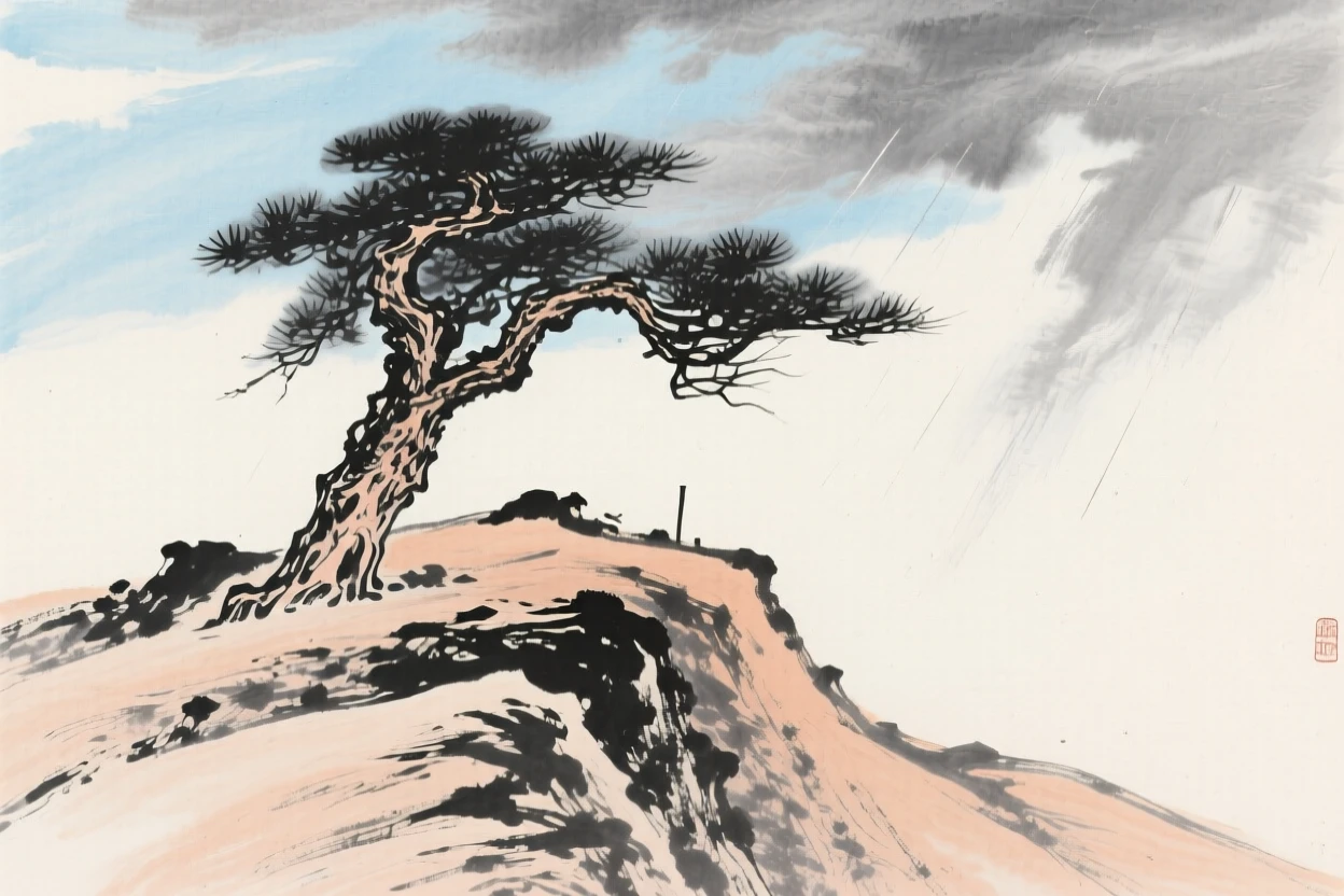 A solitary pine standing atop a windswept ridge, under clearing skies after a storm, radiating gentle serenity.