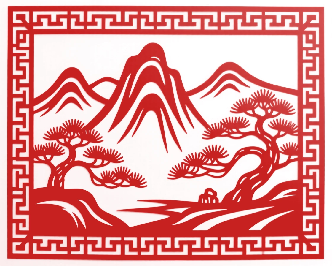 A border pattern of continuous key-fret meanders framing a central scene of mountains and pines