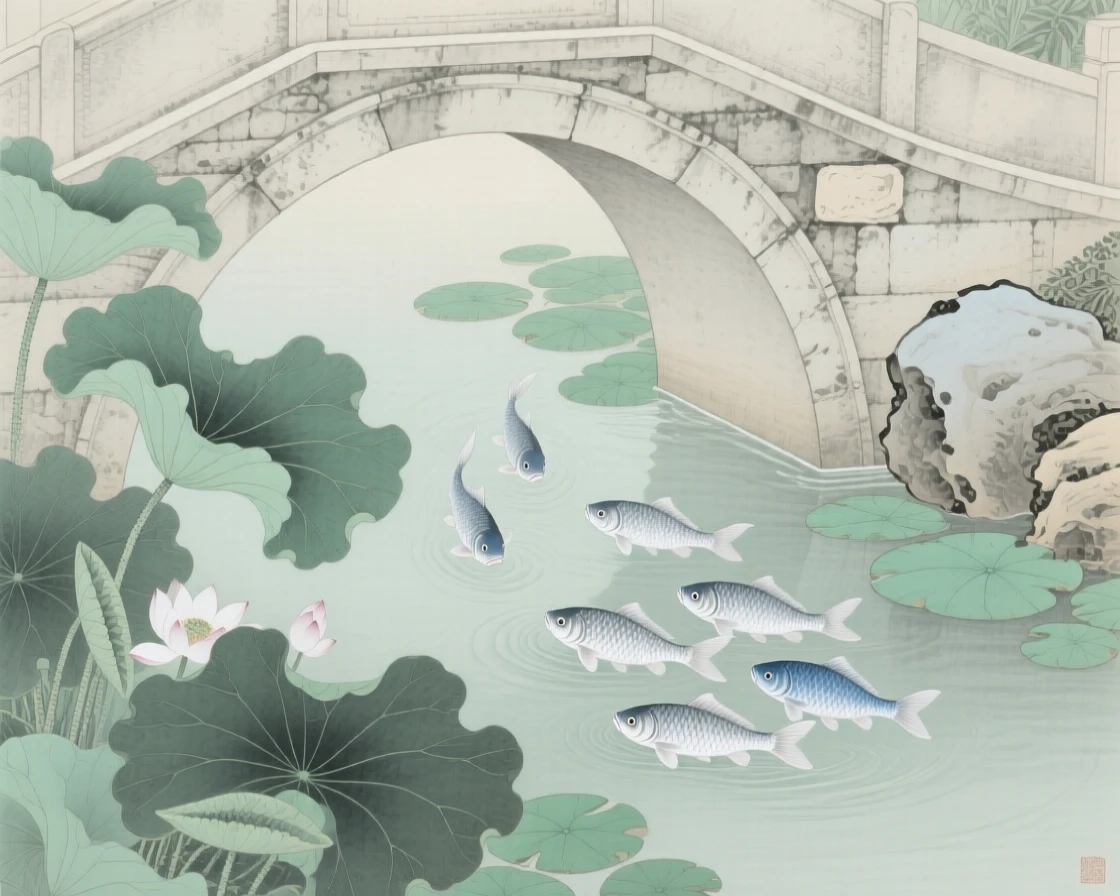 A school of silver fish beneath lily pads under a curved stone bridge