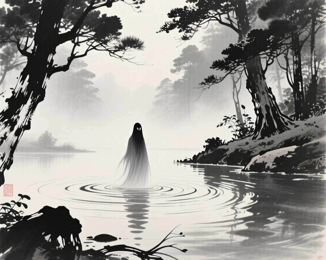 A water spirit emerging gently from a still lake within an ancient, mist-filled forest, seen from below, looking up in quiet awe, carrying a sense of magic woven into the natural world.