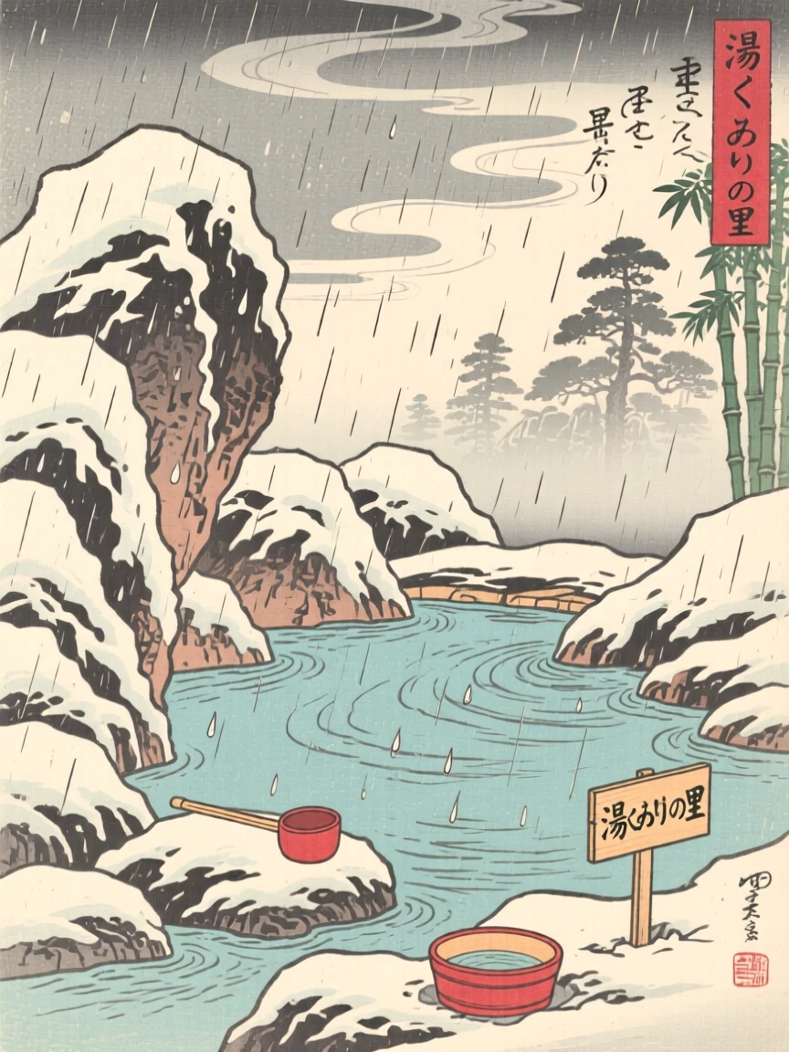 A hot spring nestled in snowy rock, dusted with the season's first snow, during a gentle spring rain.