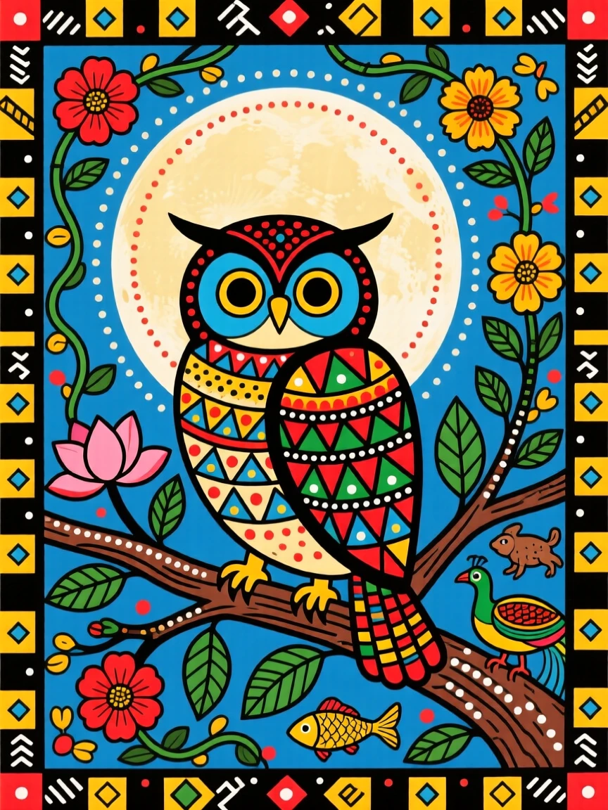 An owl perched silently on a branch beneath a full moon.