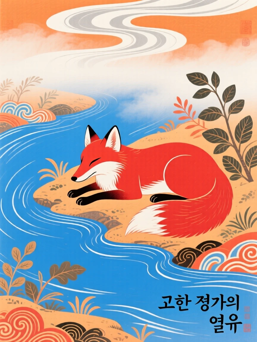 A red fox resting along the bank of a quiet river, as morning mist rises from the water.