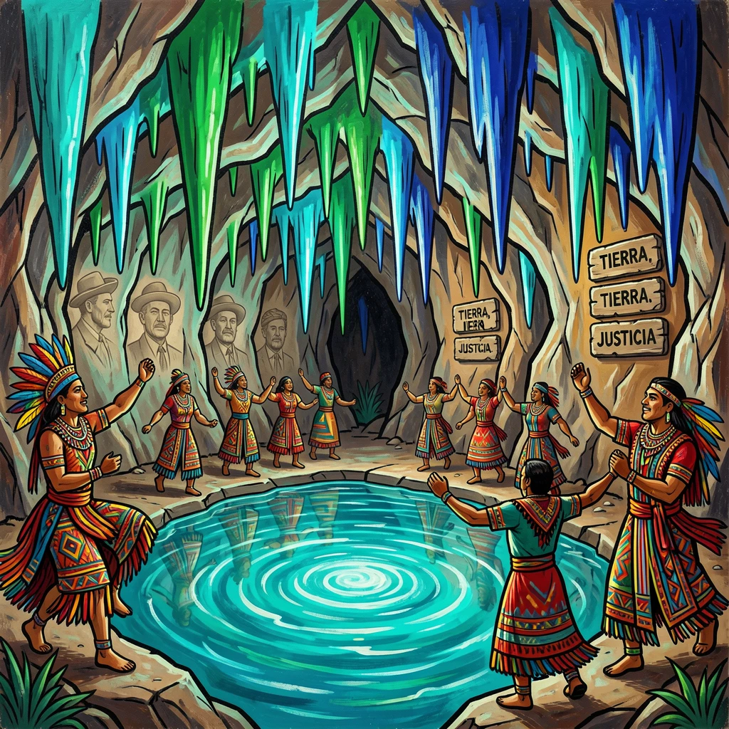 A limestone cave with glowing stalactites and an underground pool