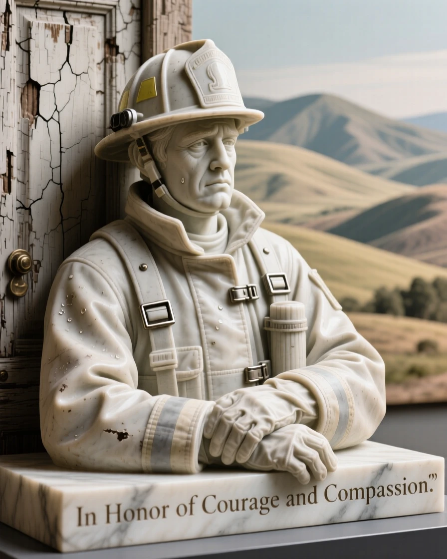 A close-up portrait of a firefighter resting after a rescue, leaning against a weathered doorway, against a backdrop of rolling hills, radiating quiet emotion and dignity