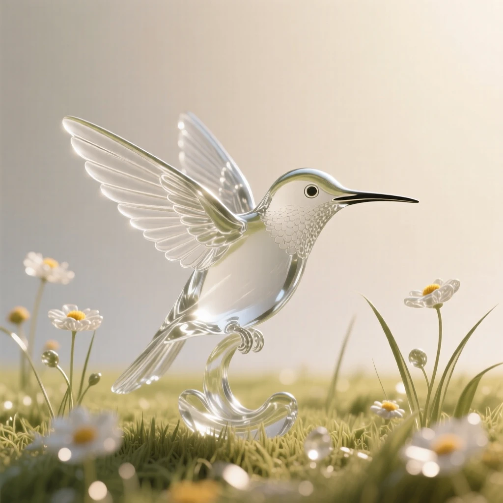 A hummingbird resting peacefully in a sunlit meadow scattered with wildflowers, a gentle breeze bending the grass, evoking warmth and tranquility.
