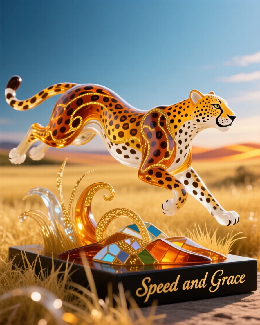 A cheetah frozen mid-sprint across golden grassland, dust kicking up behind it, thrilling and dynamic, heat shimmer on the horizon.