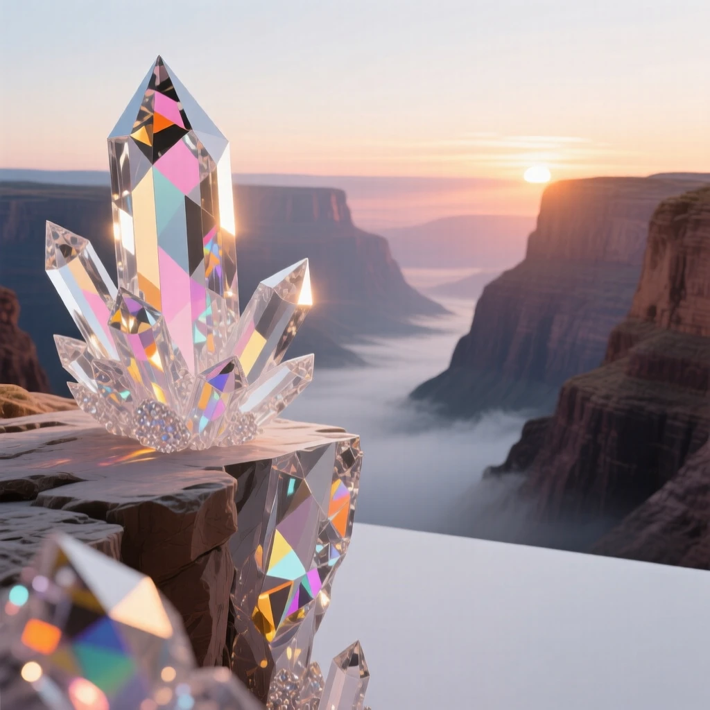A vast canyon at sunrise viewed from a narrow rock ledge, layers of mist filling the gorge below.