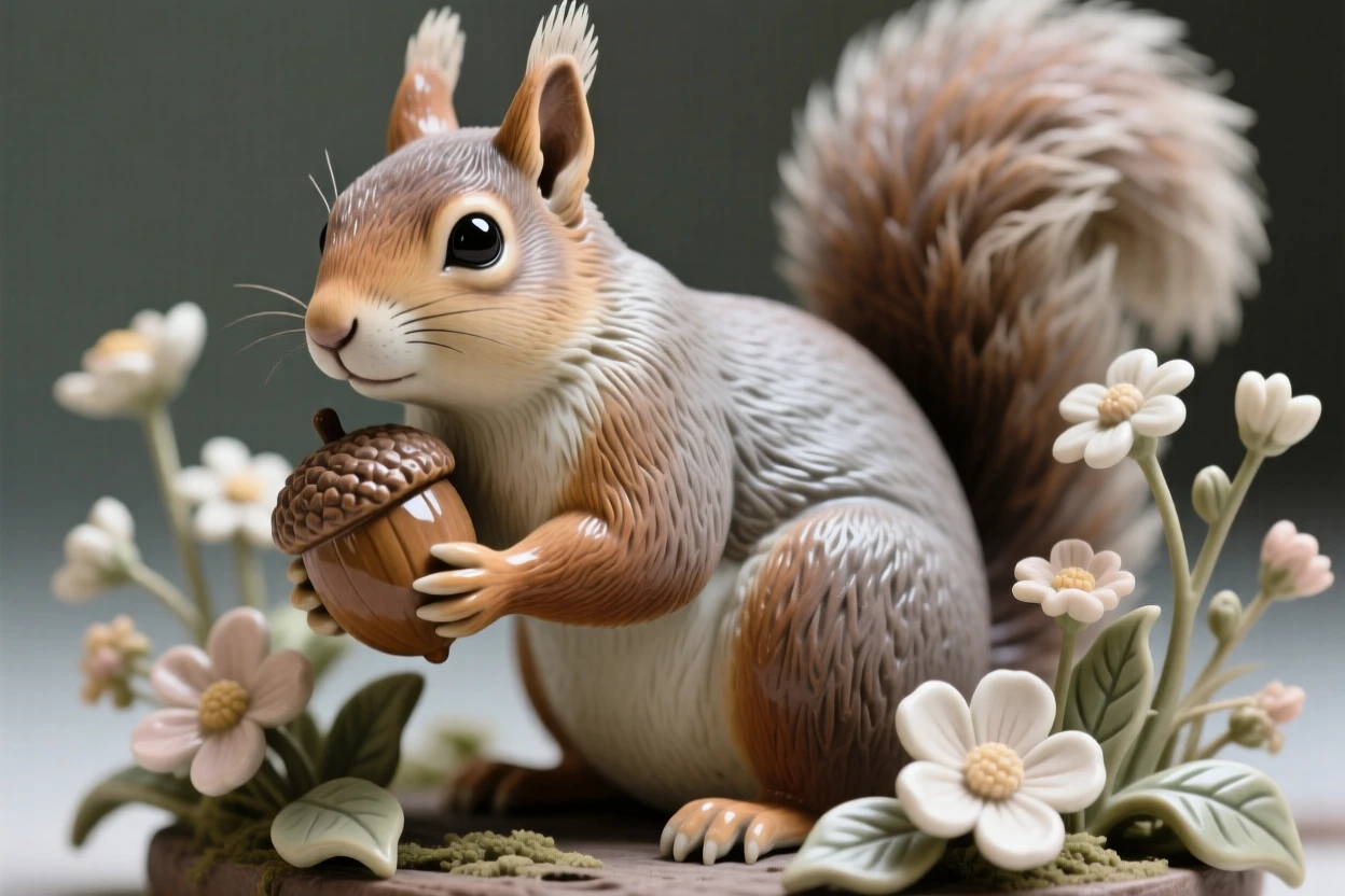 A squirrel clutching an acorn frozen in a moment of quiet vigilance, surrounded by wildflowers in soft bloom, capturing a fleeting moment of untamed grace.