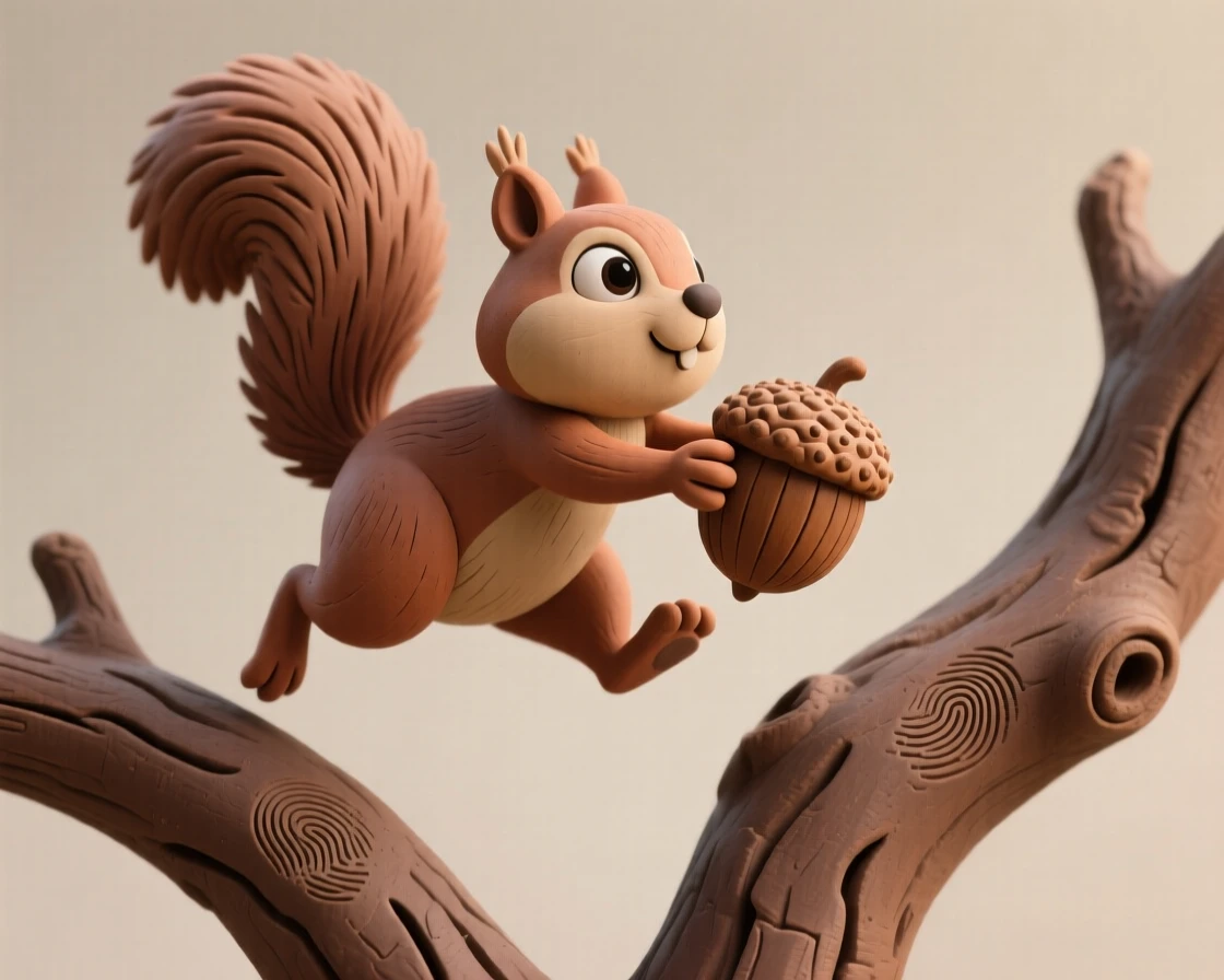 A squirrel mid-leap between two branches, acorn clutched in its paws