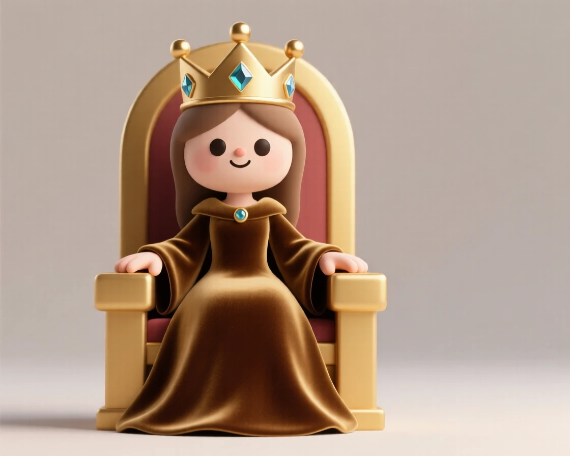 A medieval queen sits on a golden throne wearing a jeweled crown, her flowing velvet robe pooling around her feet.