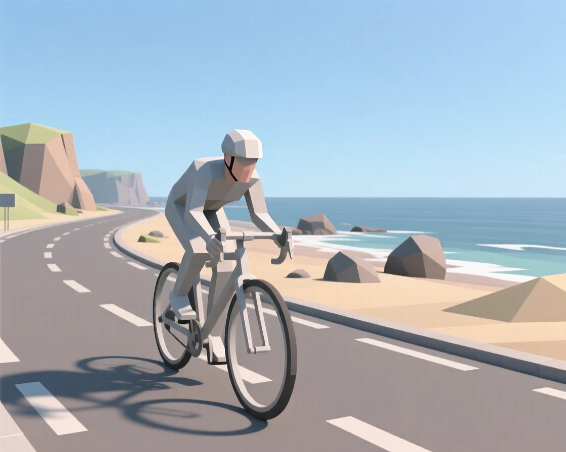 A cyclist racing along a scenic coastal road, beneath a clear blue sky. the composition balances subject and open space. The atmosphere feels peaceful and mindful.