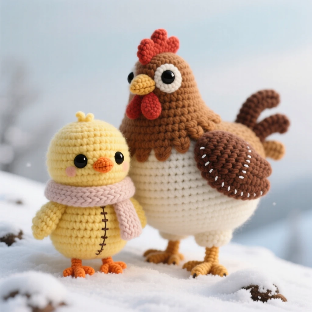 a tiny chick with fuzzy yellow down and a small beak is shown standing under the wing of a larger hen within a snowy hillside under a pale winter sky, accompanied by a tiny knitted scarf around its neck, capturing quiet contentment and gentle curiosity.