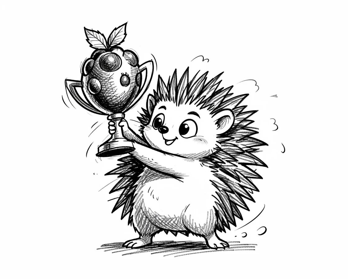 A tiny hedgehog carrying a berry like a trophy.