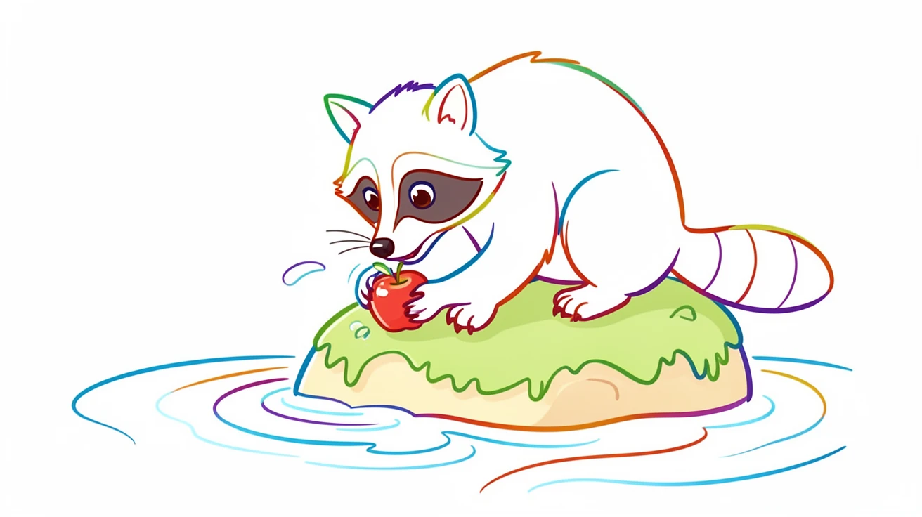 A raccoon washing a small apple in a stream, perched on a moss-covered rock.
