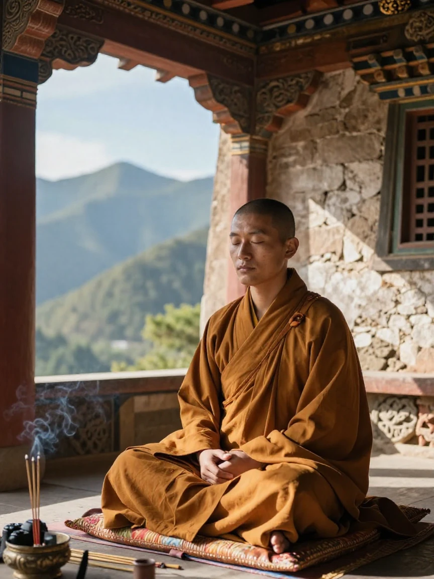 A monk meditating quietly in a mountain temple