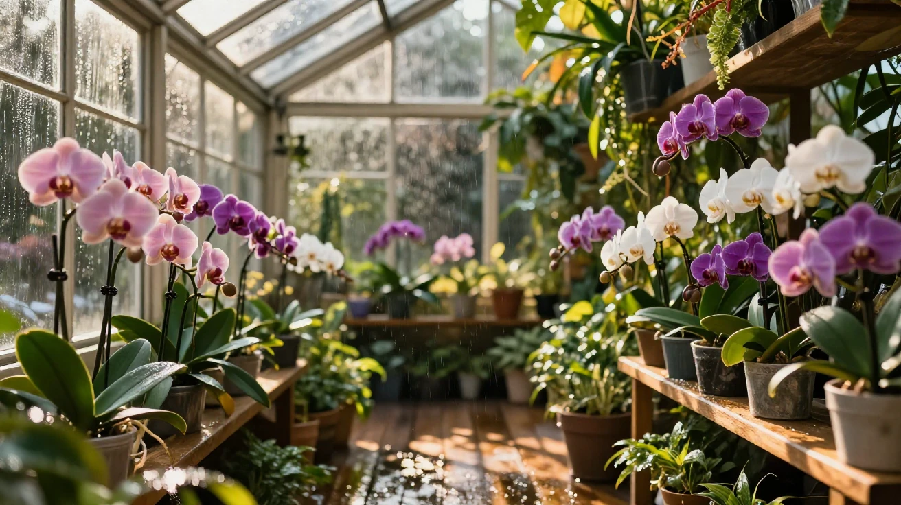 A sunlit conservatory filled with blooming orchids, welcoming and warm, as rain patters gently on the roof