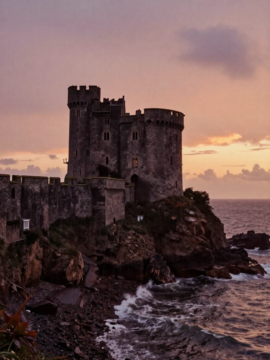 A weathered castle perched dramatically on a coastal cliff, under a glowing sunset sky, under a light drizzle, as summer fades into fall, in soft muted pastels, captured from a low angle looking up.