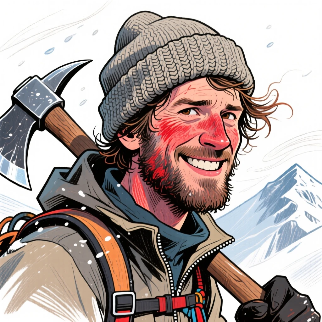 A rugged mountain climber with windburned cheeks, a knit beanie, and an ice axe slung over one shoulder.