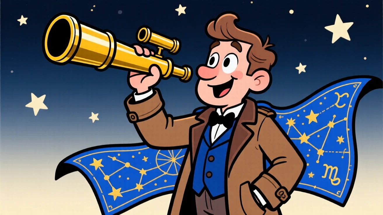 A charming portrait of a whimsical astronomer peering through a giant brass telescope, star charts unfurling from his coat pockets.
