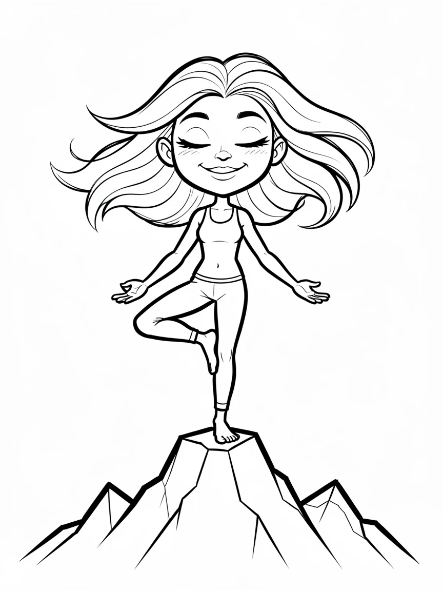 [People Portraits & Characters] Portrait of a serene yoga instructor balanced in a perfect tree pose on a mountaintop, full of personality and charm