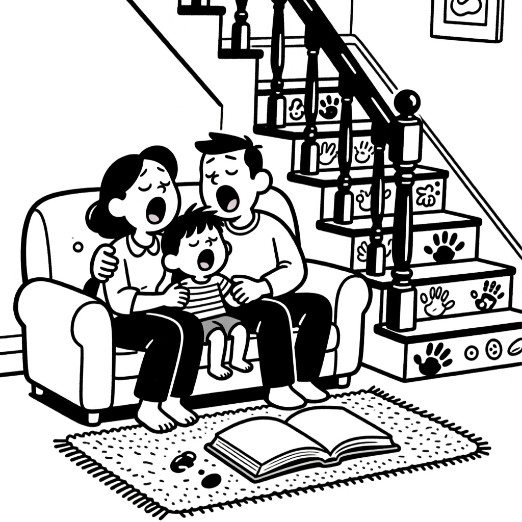 A family of four squeezed onto one couch, caught mid-yawn during story time, set on a squeaky staircase decorated with handprint art. A dog-eared storybook lies open on the rug. It feels like a memory worth framing forever.