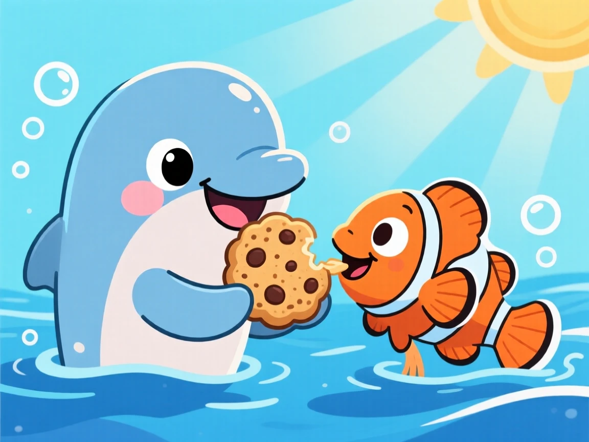 A baby dolphin sharing a cookie with a friend.