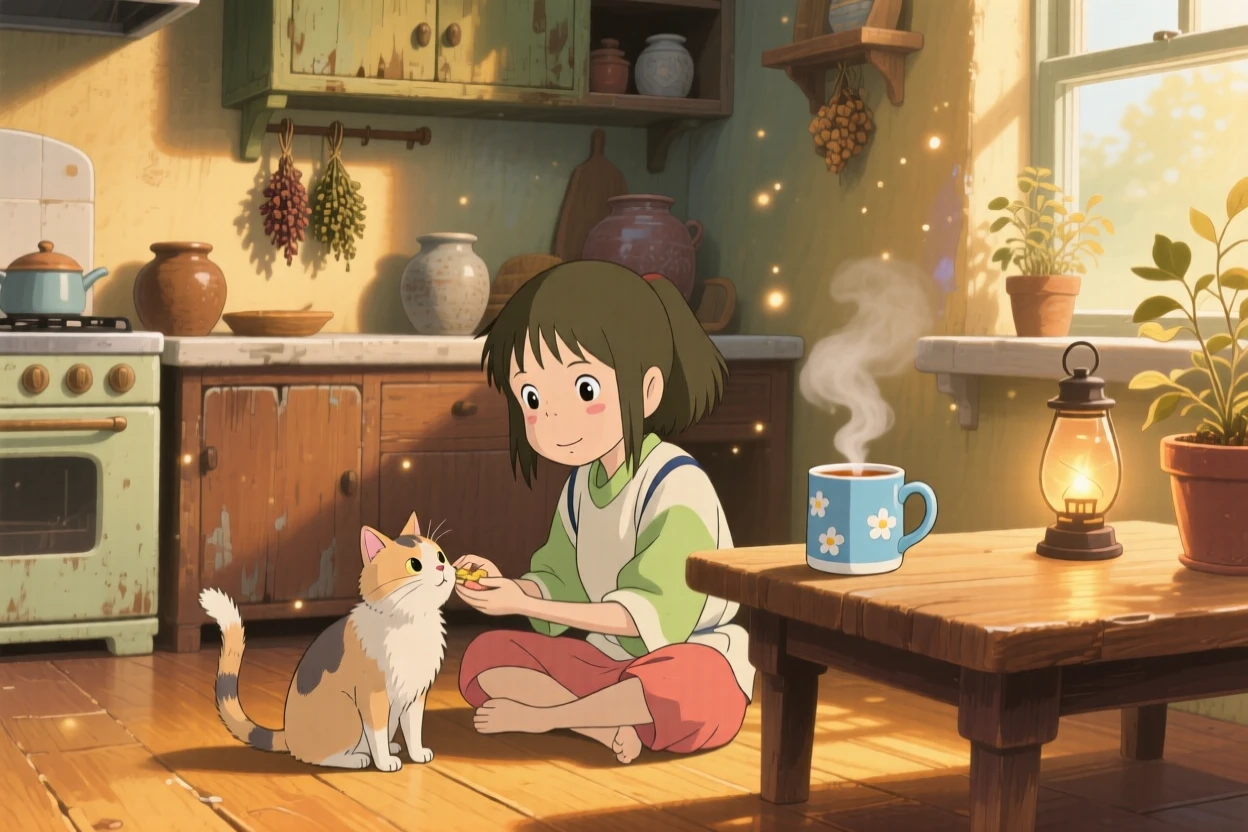 A girl feeding a cat on a warm kitchen floor, steam rising gently from a mug of tea, the whole scene feeling gently nostalgic.