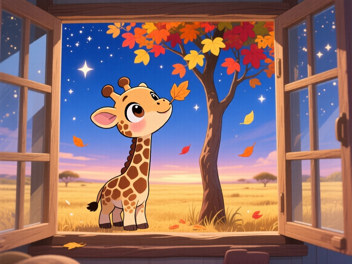 In an open golden savanna, a baby giraffe is craning its long neck to nibble a treetop leaf with autumn leaves swirling around, bathed in sparkling starlight, expression full of wide-eyed wonder. Shot as a framed through a window.