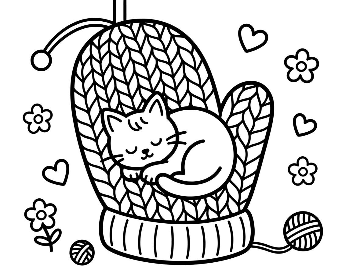 A kitten curled up asleep inside a knitted mitten