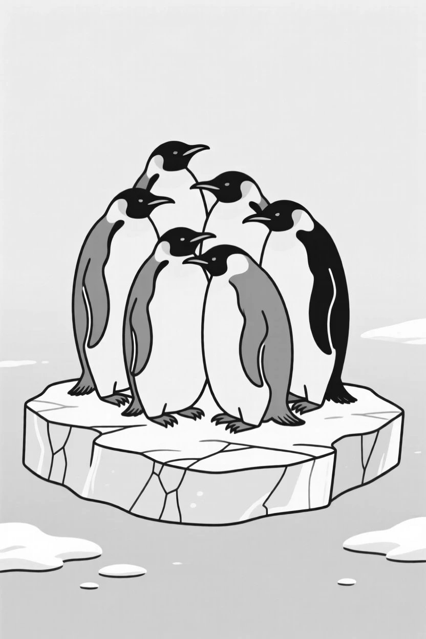 A group of penguins huddled together on an ice floe