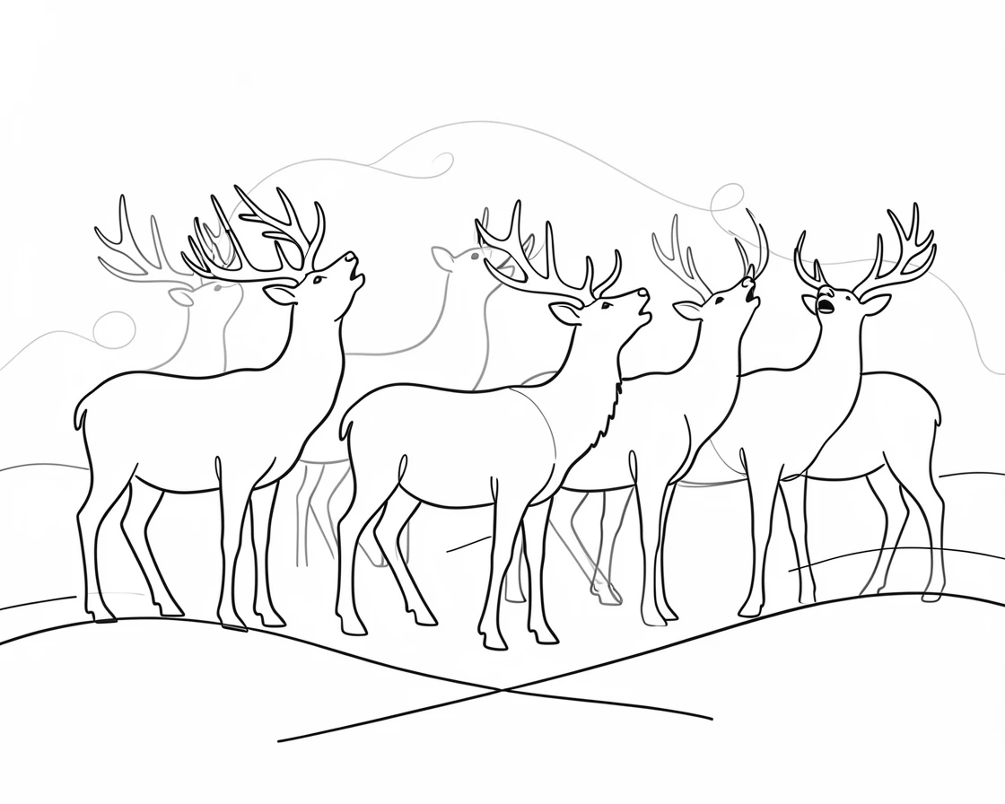 A herd of elk bugling in a misty autumn meadow