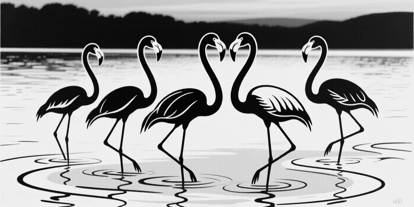 A flamingo flock standing in shallow pink-tinted lake water at dusk.