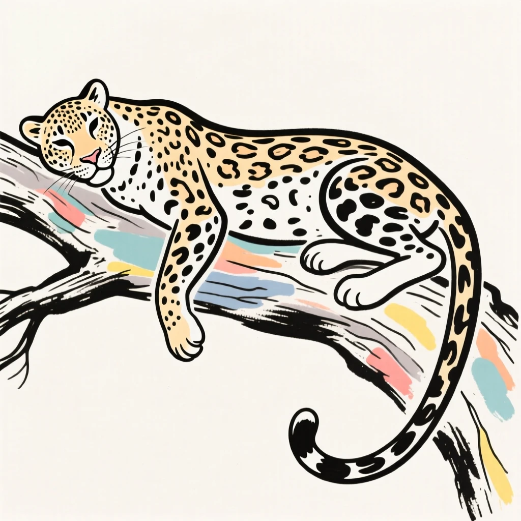 A leopard resting on a thick tree branch with its tail hanging down.