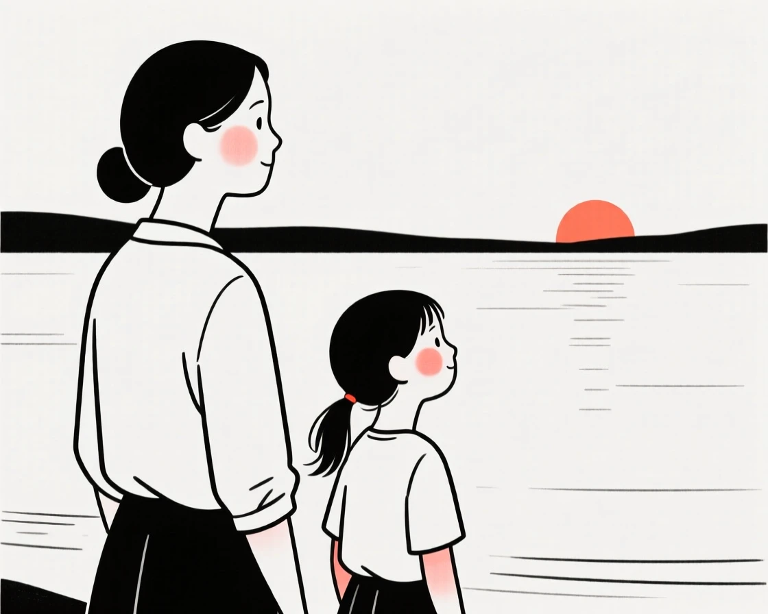 A mother and daughter of Italian heritage, looking hopeful toward the horizon, beside a calm lake at sunrise.