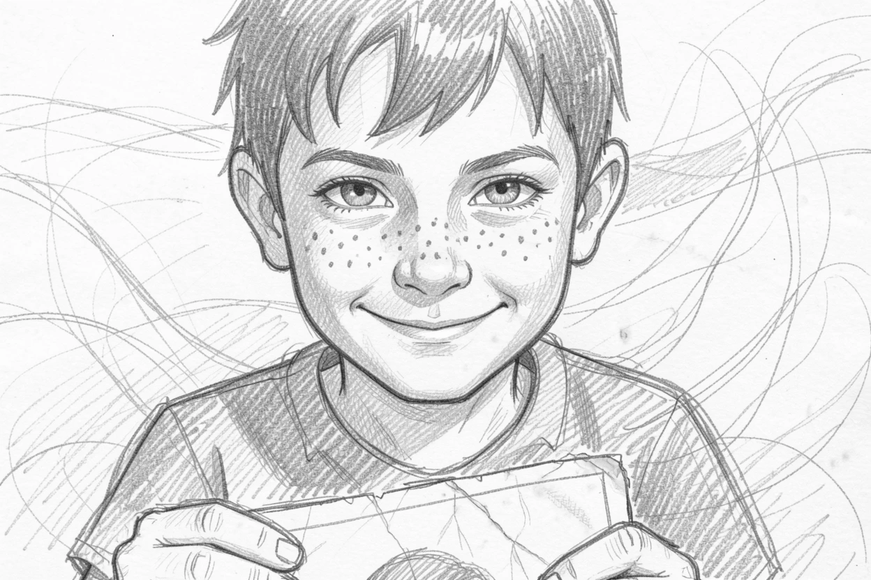 Intimate close-up of a mischievous freckled boy amid swirling desert sand, clutching an old photograph.