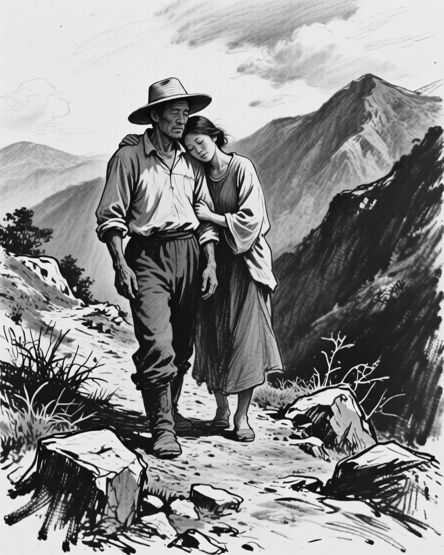A farmer resting their head on a partner's shoulder, on a mountain trail.