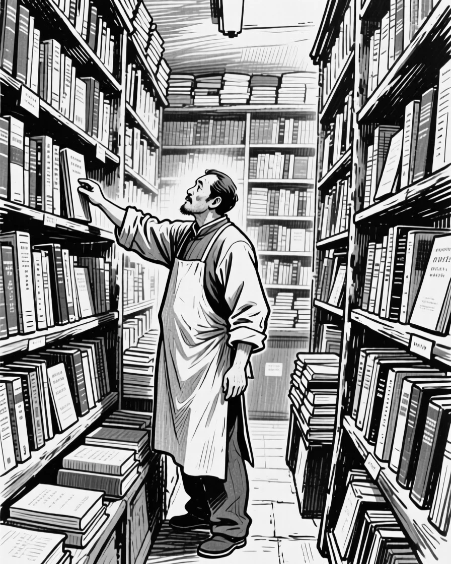A bookseller standing among towering shelves in an old bookstore, reaching for a volume on a high shelf.