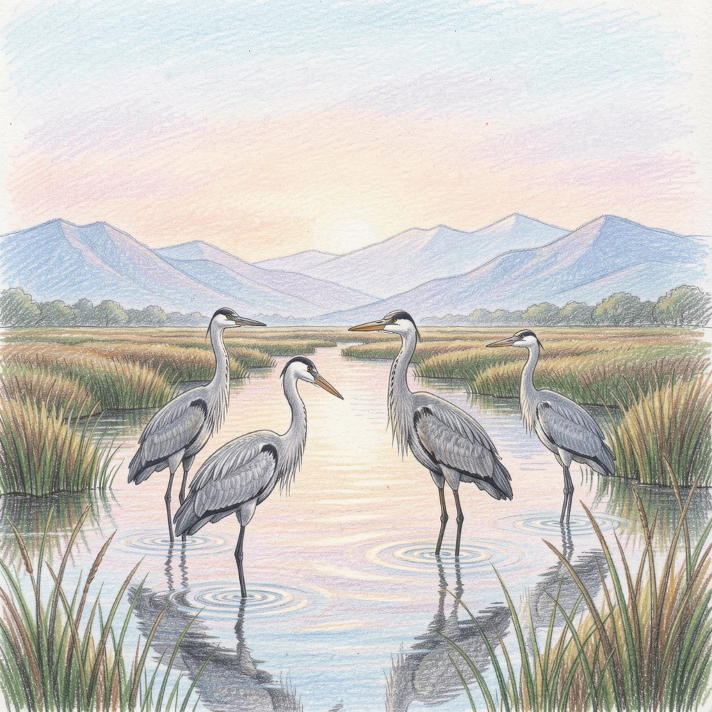 A serene marsh at sunrise with herons wading through still water, with distant mountains fading into soft blue haze, meant to inspire a longing for travel and adventure.