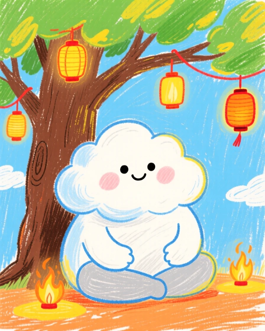 A cloud giant sitting beneath a tree of glowing lanterns.