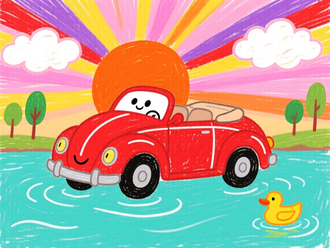 A vintage red convertible gliding over a quiet lake at sunset.
