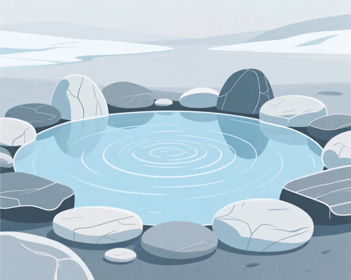 A tranquil glacial pool surrounded by smooth stones, with gentle ripples on the surface.