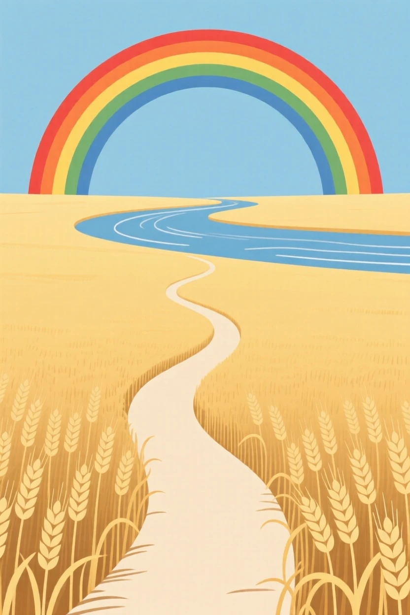 A winding path through a golden wheat field leading toward a winding river, with a rainbow arching overhead scattered along the way, radiating quiet wonder.