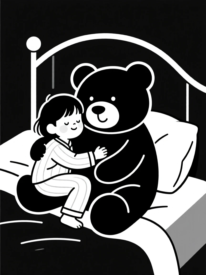 A child hugging a large teddy bear before bed.
