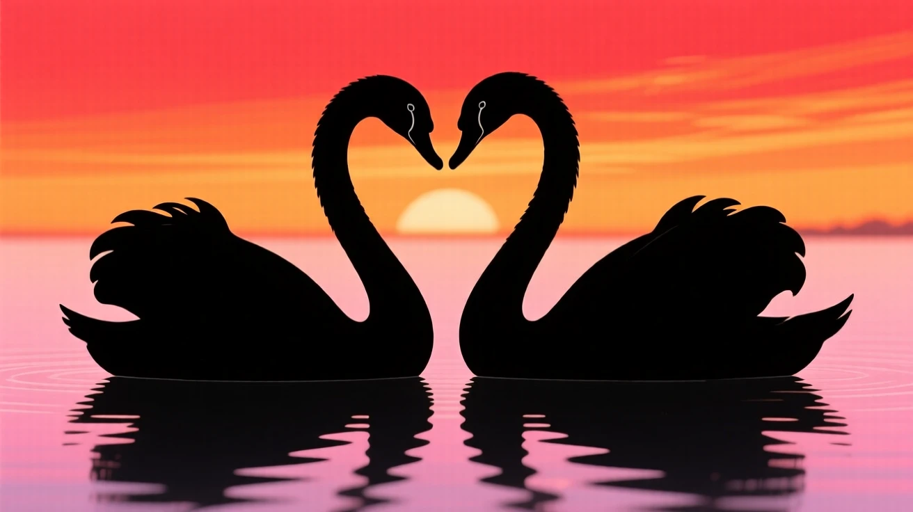 Two swans facing each other on a still pond, their necks curved together to form a heart shape.
