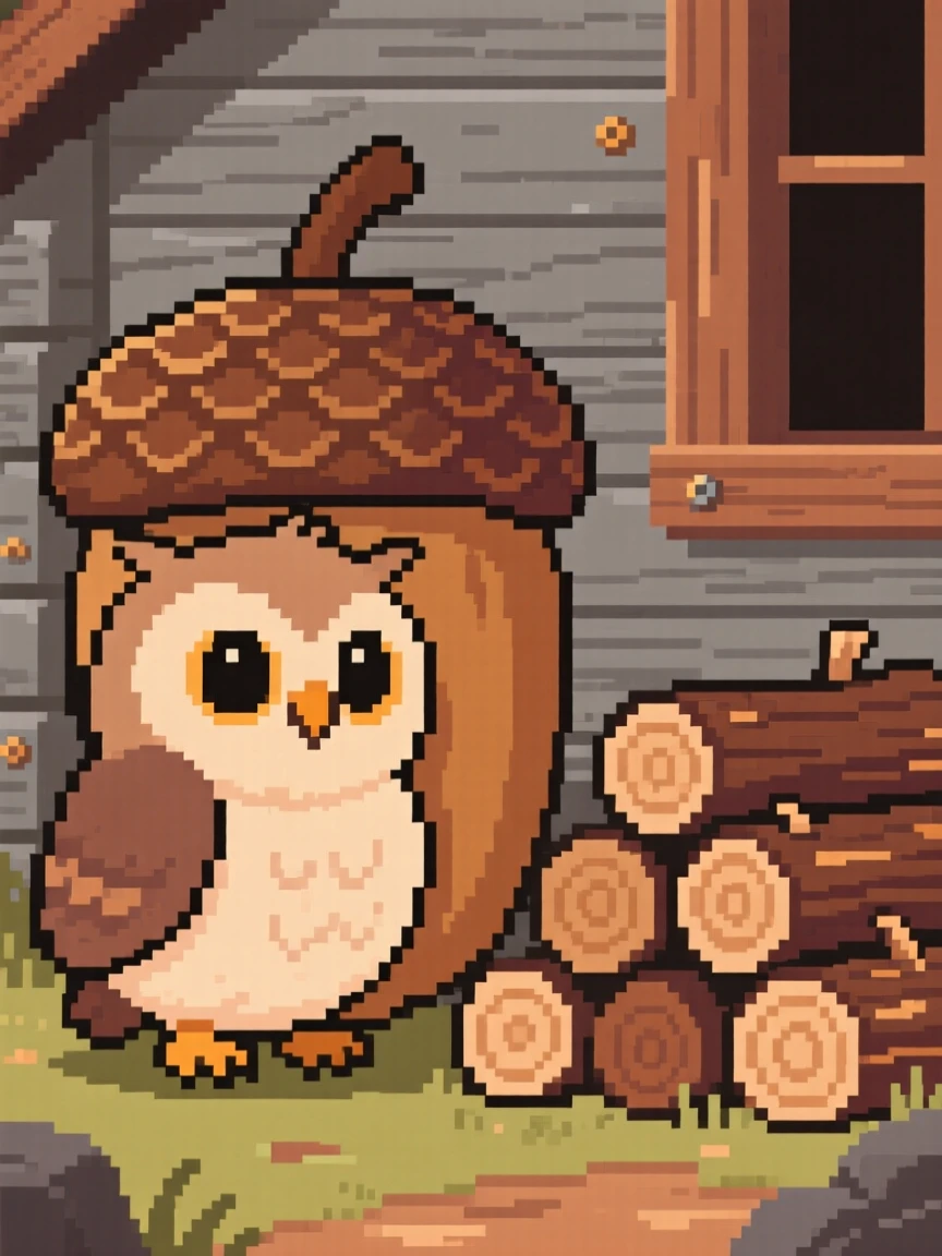 A fluffy owl chick hugging a giant acorn, beside a stack of firewood near a cabin.