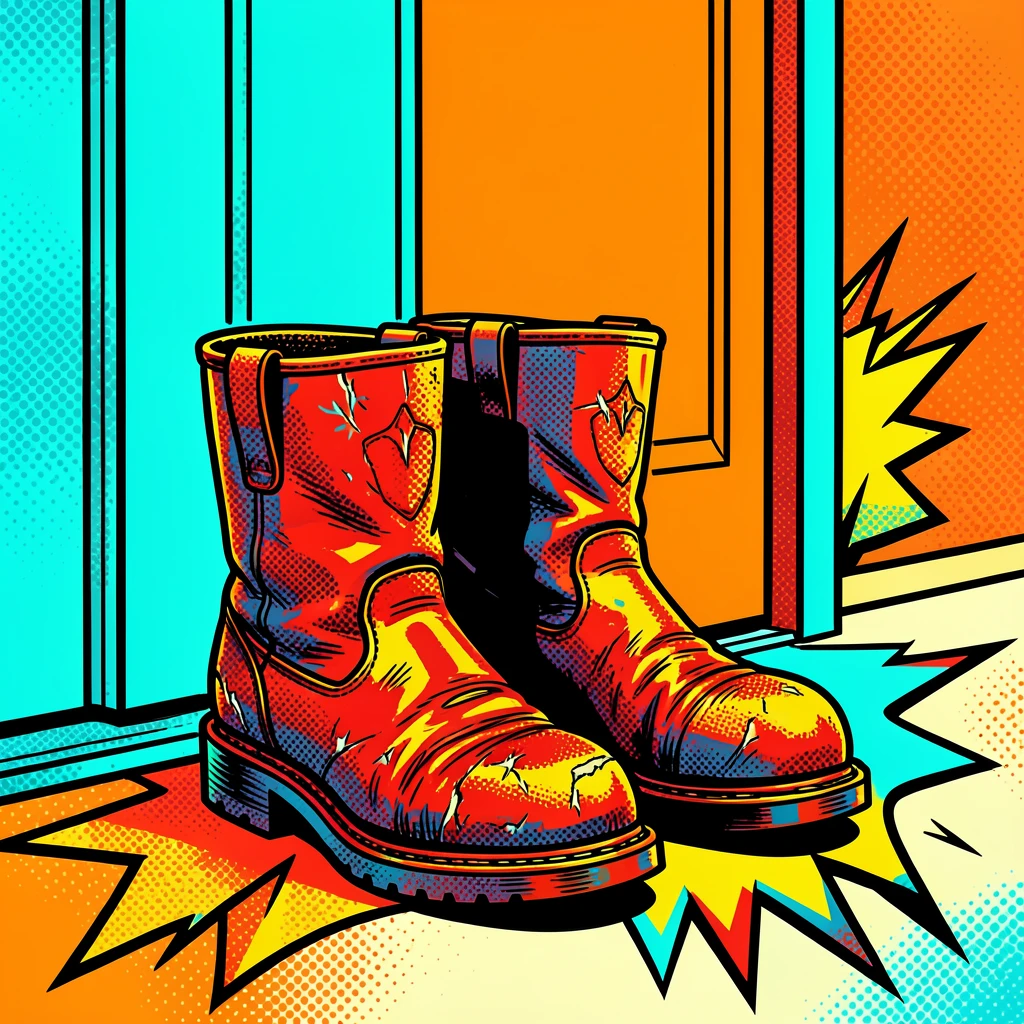 A pair of worn leather boots resting by a front door