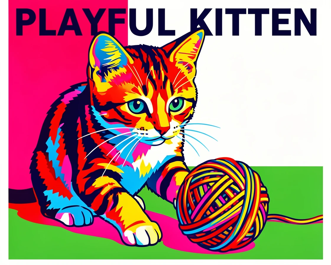 Kitten playing with a ball of yarn