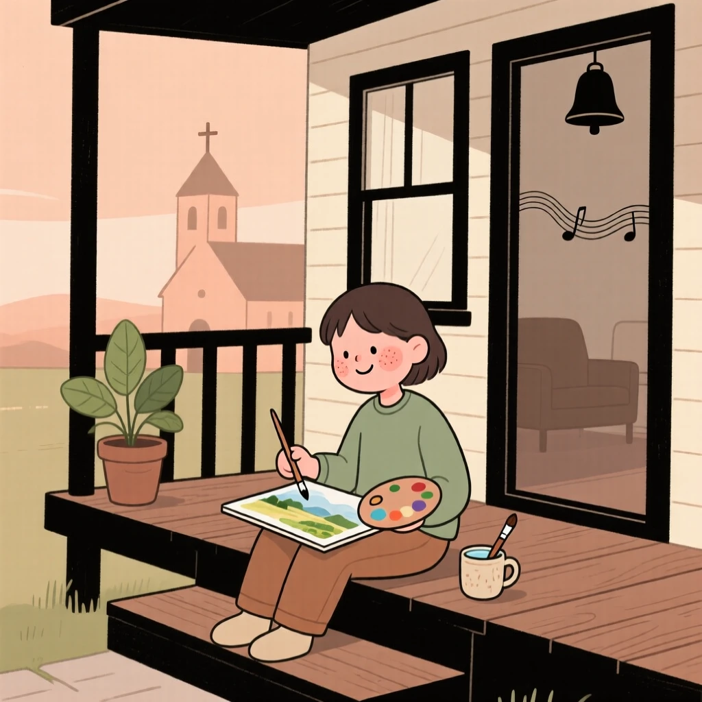 A quiet reader sits on the porch steps practicing a watercolor landscape, fully absorbed as distant church bells drifts through the open window.