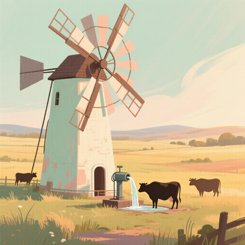 A windmill pumping water for cattle on a wide open ranch